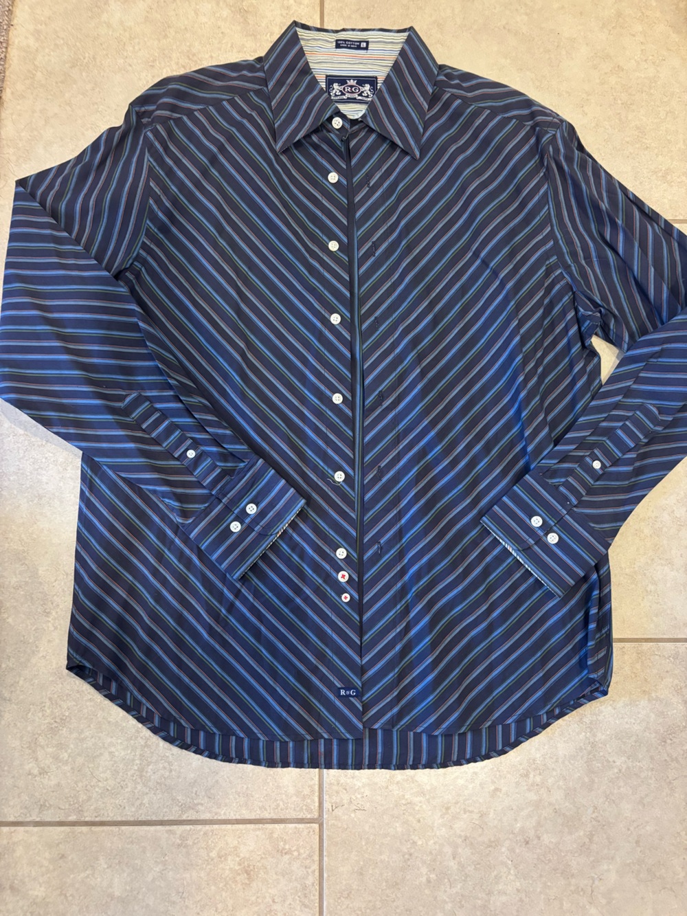 Robert Graham Navy Blue Striped Dress Shirt with Light Blue Accents
